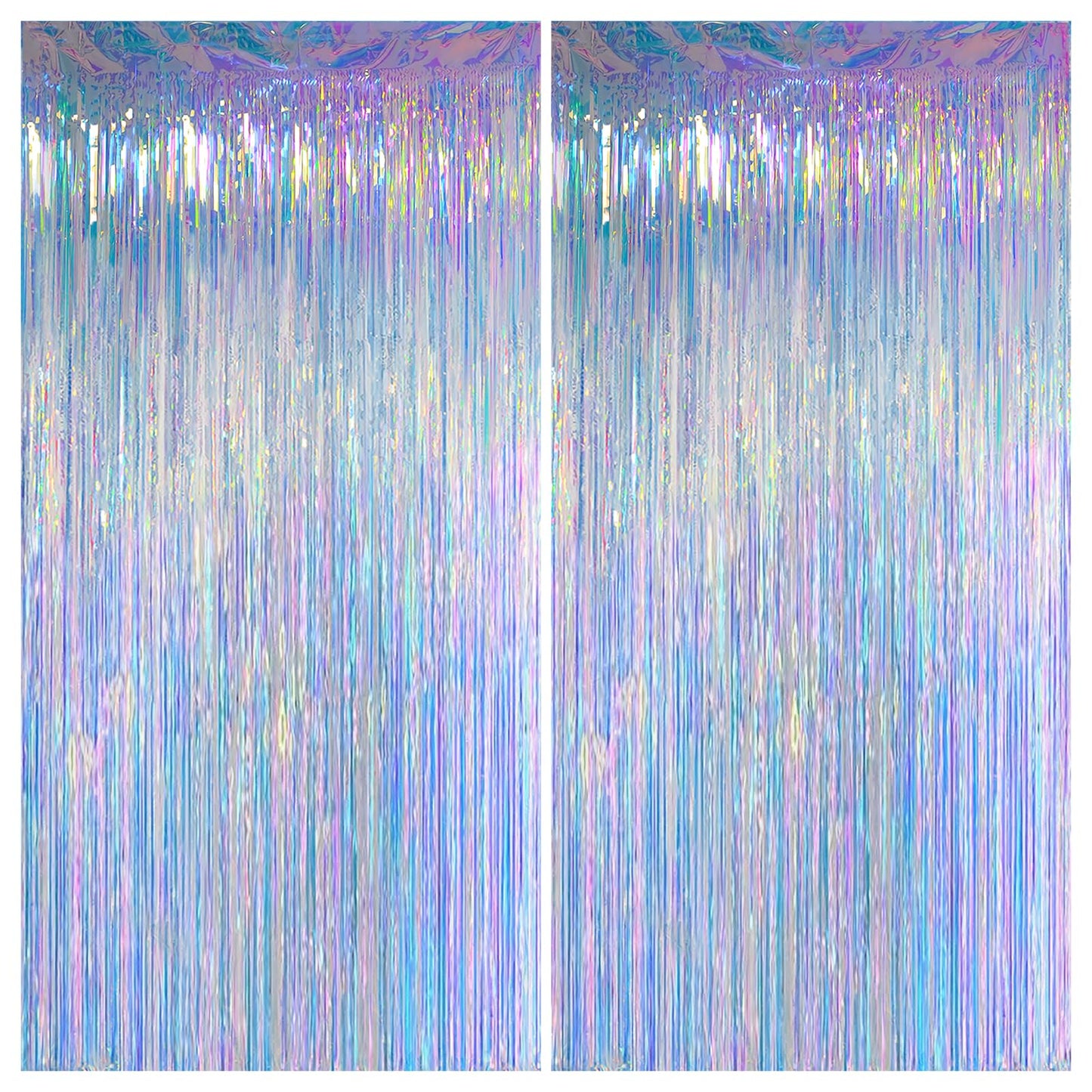 Melsan Iridescent Foil Fringe Backdrops Party Decorations - 3.2 x 6.56 ft Metallic Tinsel Photo Backdrop Curtains for Ocean Princess Birthday Parties - Iridescent 2 Packs