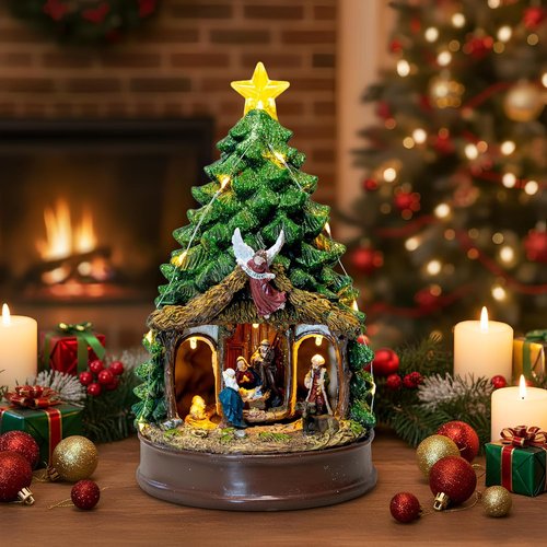 Candieslife Musical Christmas Tree - Rotating Nativity Scene with LED Star Light | Tabletop Holiday Decor