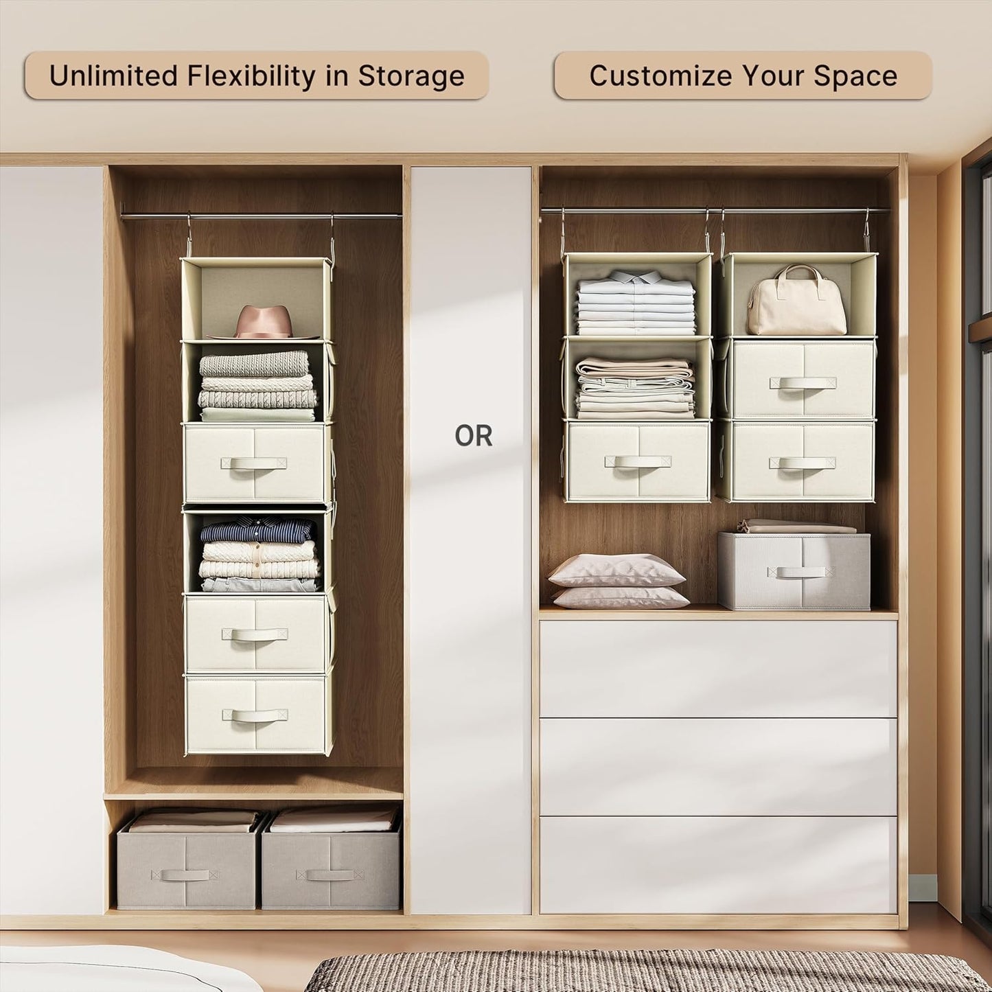 Vailando 6-Shelf Hanging Closet Organizer - 3 Drawers & 2 Separable Units | Beige Wardrobe Storage Solution