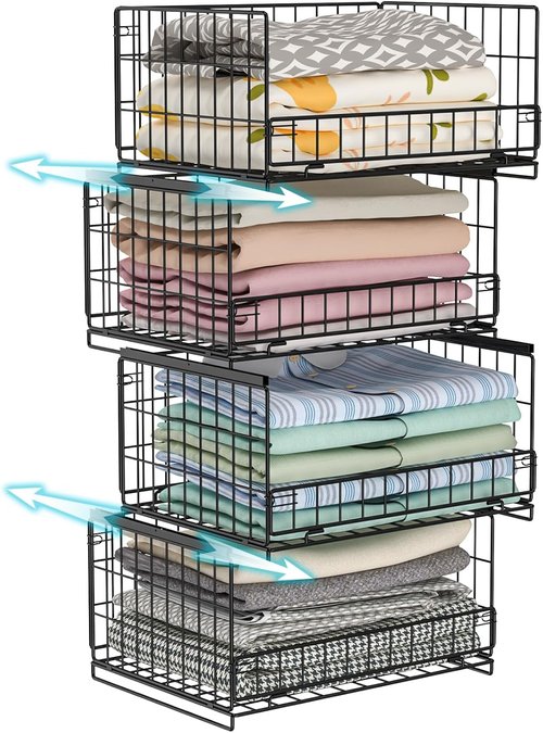 Hongtamoya 4-Tier Closet Organizer - Stackable Storage Shelves for Wardrobe & Bathroom | Black