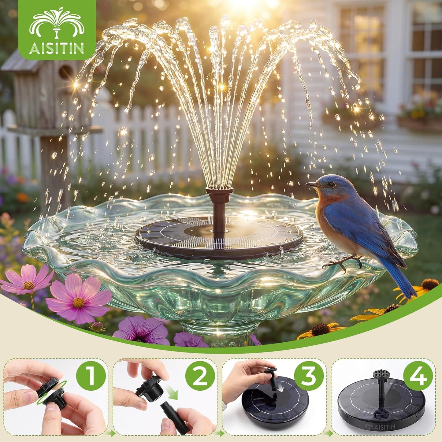 AISITIN Solar Bird Bath Fountain Pump - 2.5W Solar Powered Water Pump with 6 Nozzles | Ideal for Garden, Pond, Pool, and Aquarium