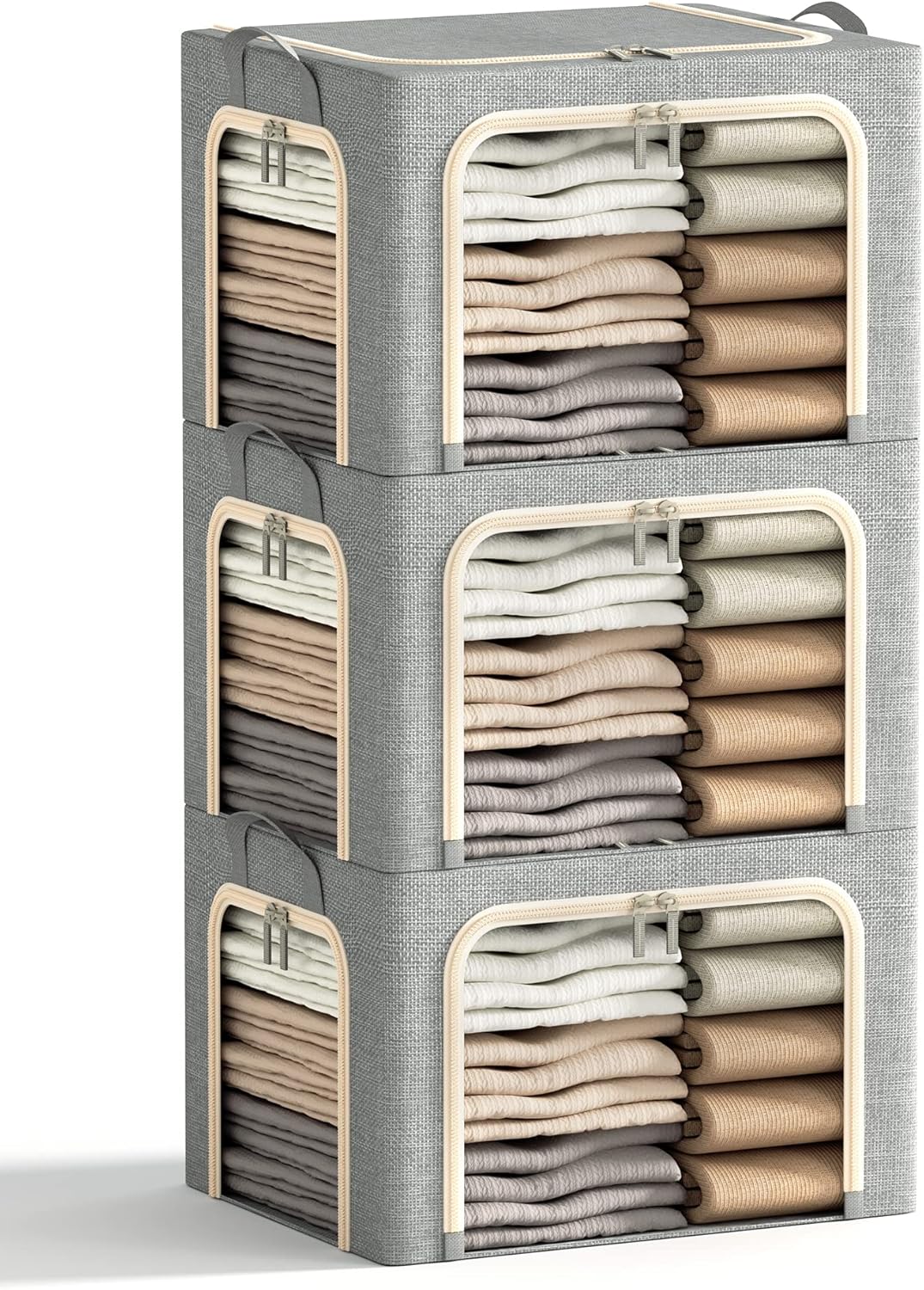 Skiennix Foldable Clothes Storage Bins - 3 Pack with Metal Frame, Clear Window & Durable Handles | Light Grey, 40L