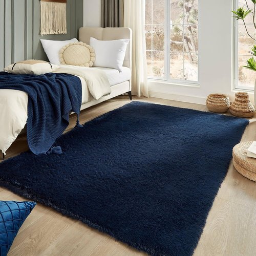 Floralux Area Rug - Dark Blue Fluffy Shag Carpet for Bedroom & Living Room | 4x6 Size