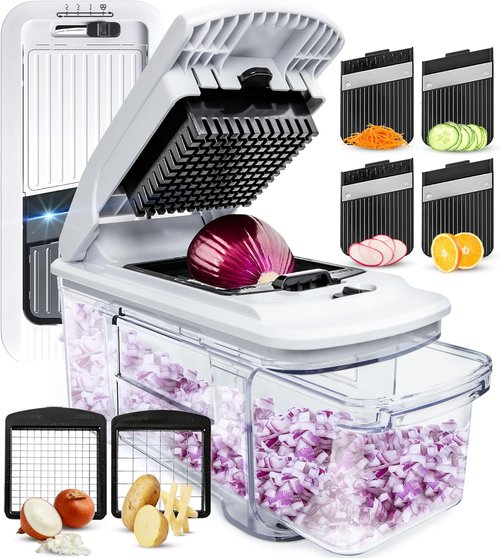 Fullstar Mandoline Slicer - 4-in-1 Vegetable Chopper & Cutter with Container | Black/White Kitchen Essential