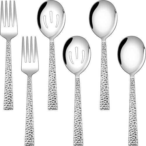 E-far Hammered Serving Utensils Set - Stainless Steel 8.7 Inch Square Hostess Set | Dishwasher Safe & Mirror Finished