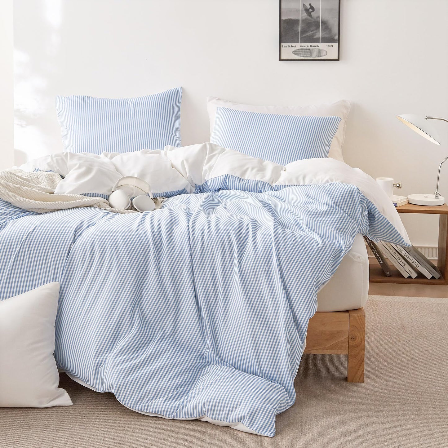 Wake In Cloud - Striped Comforter Set, Ticking Stripe Vertical Pinstripe Neutral Farmhouse Pattern Printed, Soft Lightweight Bedding, 3 Pieces, Blue White, Queen Size