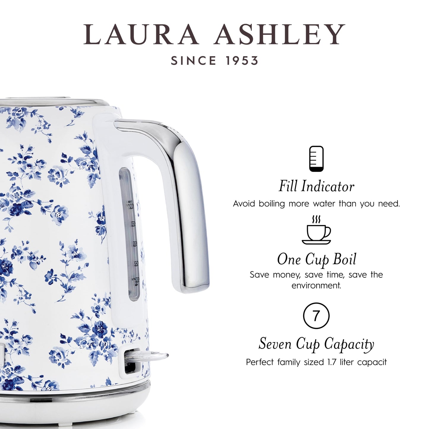 Laura Ashley Stainless Steel Electric Kettle 1.7 Liter - 1500W Rapid Boil Electric Kettles for Boiling Water - Electric Tea Kettles Automatic Shut Off - Overheat & Boil Dry Protection Jug Kettle