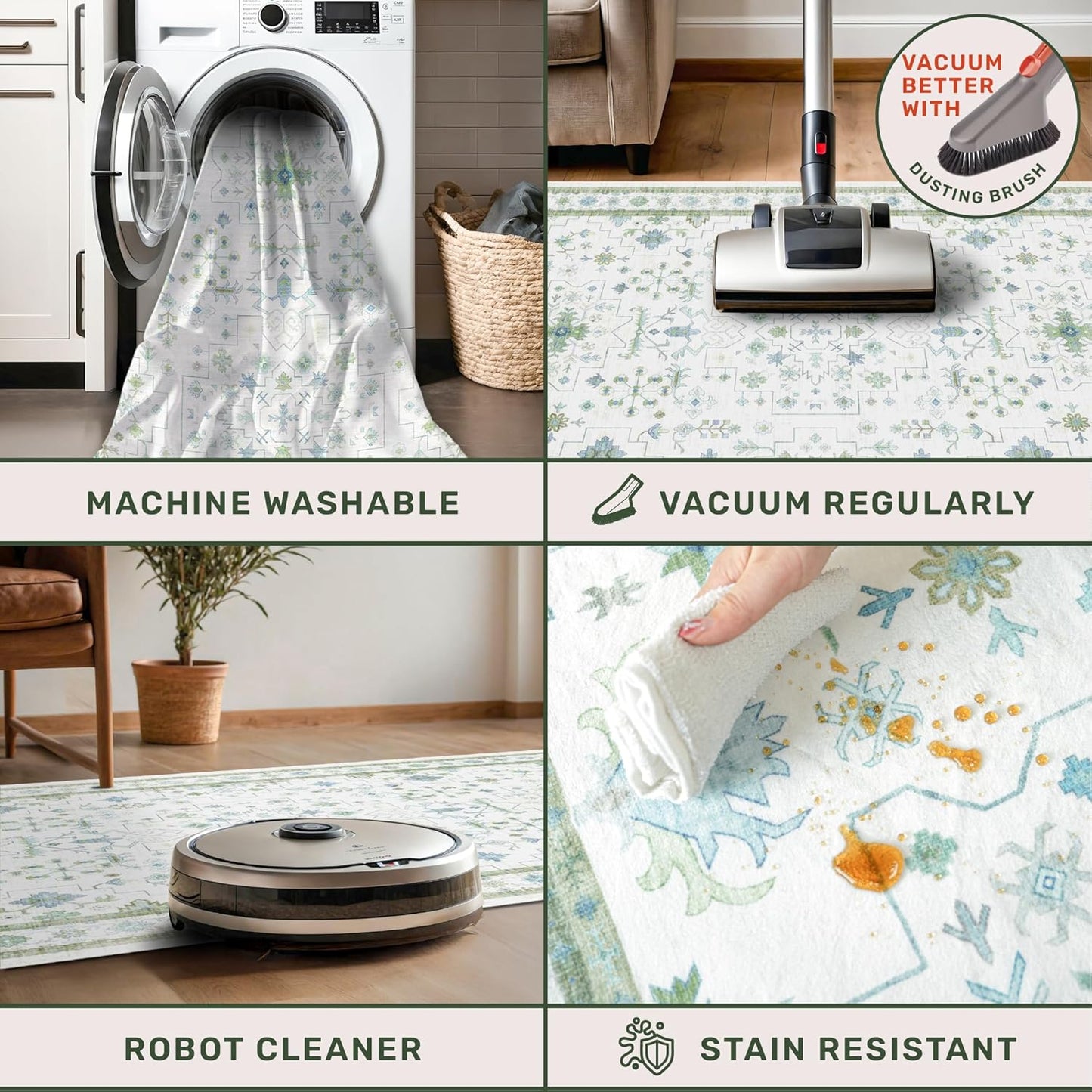 Oushak Washable Boho Bathroom Rug - Small 2x3 Area Rug in Blue and Green | Non-Slip, Stain Resistant, Low Pile