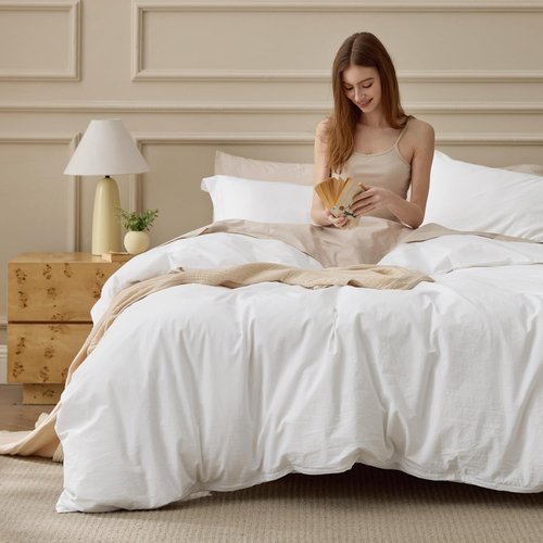 Bedsure 100% Washed Cotton Duvet Cover - Soft Natural White King Size Bedding Set (104"x90")