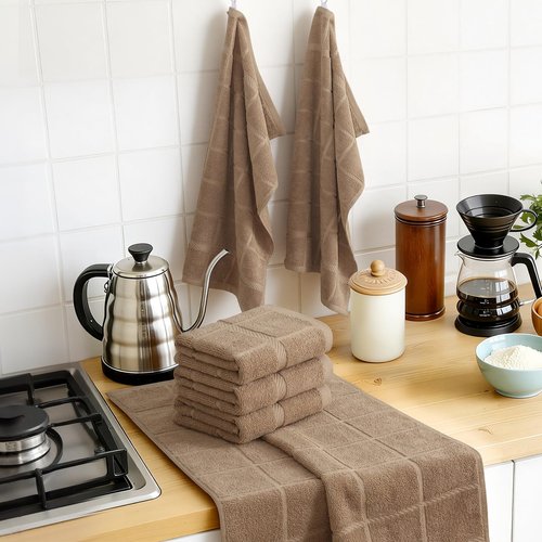 Homaxy Premium Kitchen Towels 18"x28", 4 Pack Large Cotton 380 GSM Dish Towels, Soft and Absorbent Kitchen Hand Towels with Terry Grid Design, Utility Tea Towel Set with Hanging Loop, Khaki