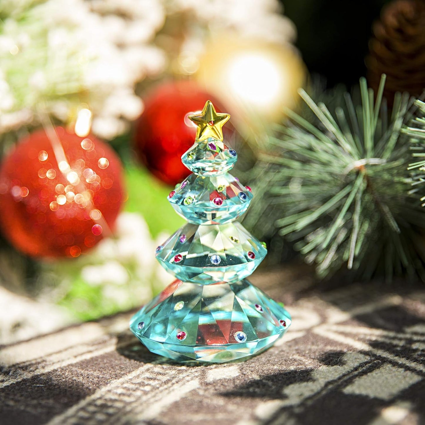 QFkris Crystal Christmas Tree Figurine - 3.5" Blue Glass Paperweight Table Ornament for Holiday Decor