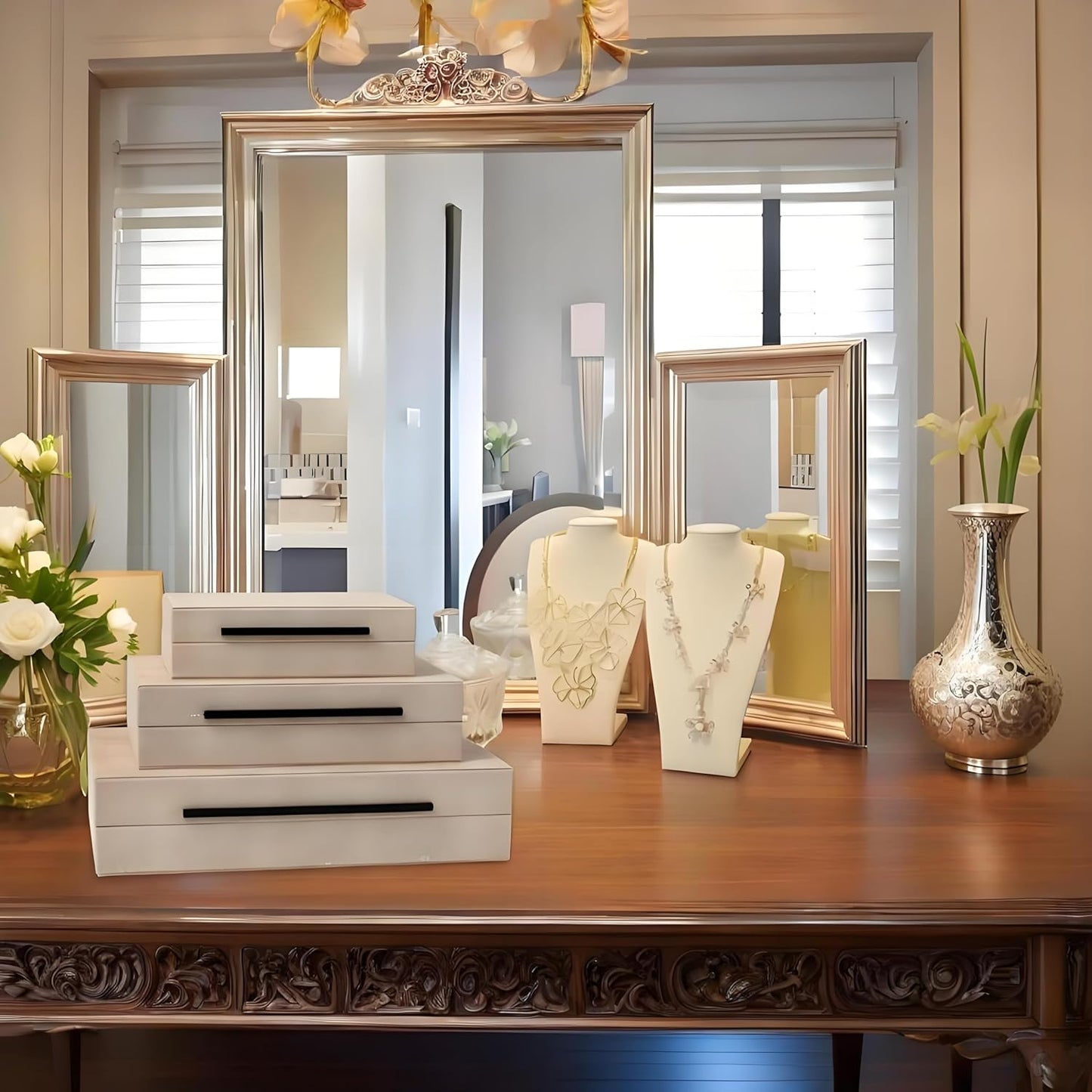 Skiennix Decorative Boxes - Set of 3 Faux Leather Storage Boxes with Lids | Modern Ivory Organizer for Home Decor