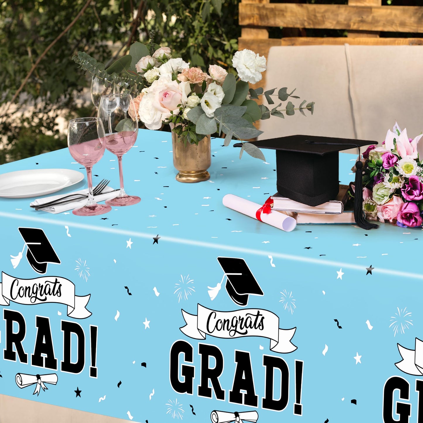 2Pcs Graduation Tablecloths, 108" X 54" Skyblue Graduation Table Decorations 2026, Rectangle Table Cloths for Class 2026 Congrats Grad, Disposable Plastic Tablecover for Grad Decor Party Supplies