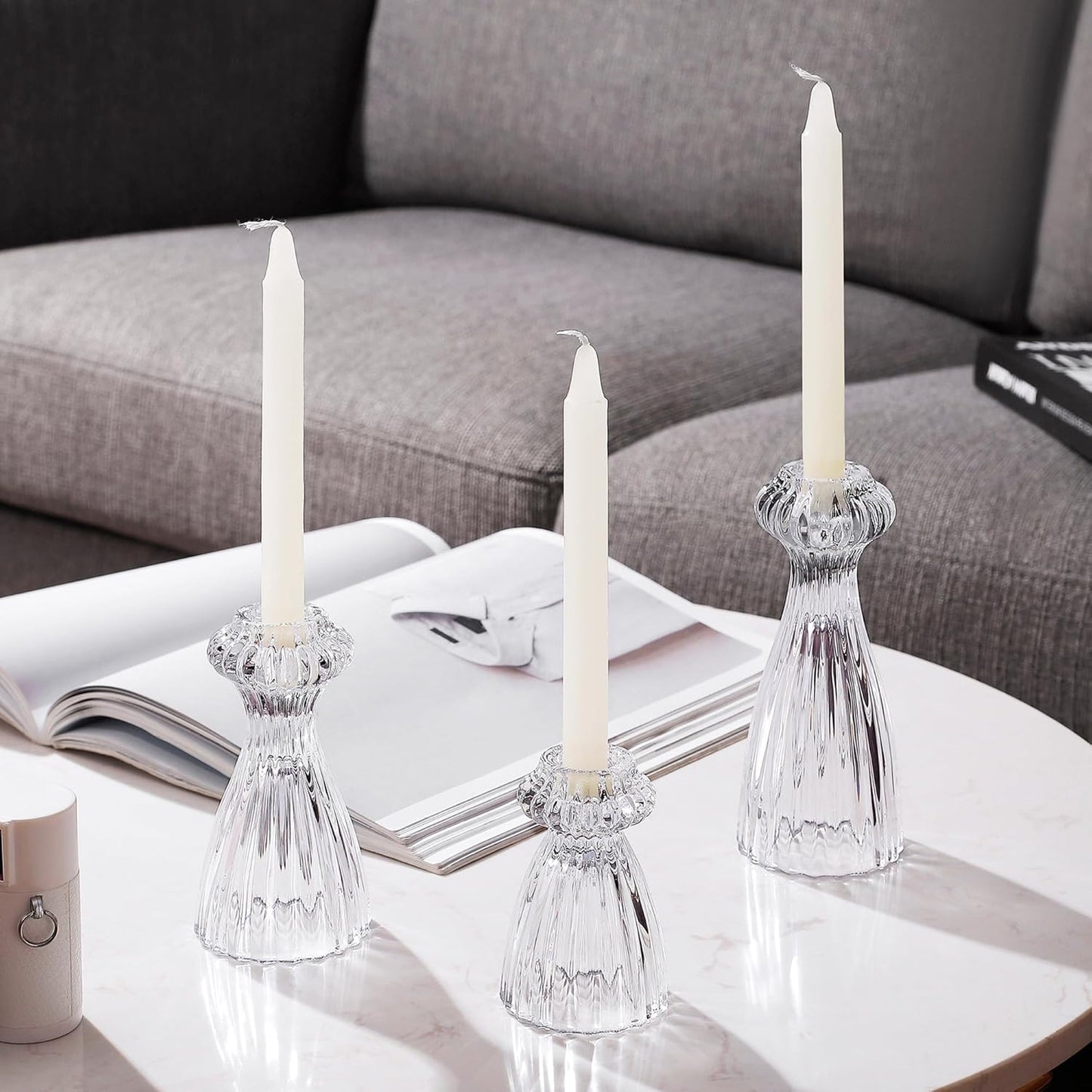 Lysenn Glass Candle Stick Holder Set of 3 - Elegant Taper Holders for Romantic Ambiance | Clear Decor