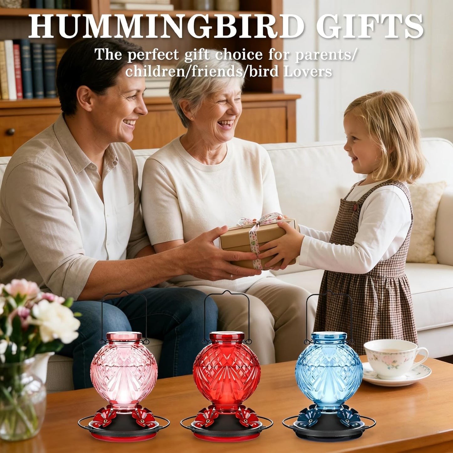 Skiennix Glass Hummingbird Feeder - 20oz Outdoor Nectar Feeder with 4 Flower Ports & Ant Moat, Red