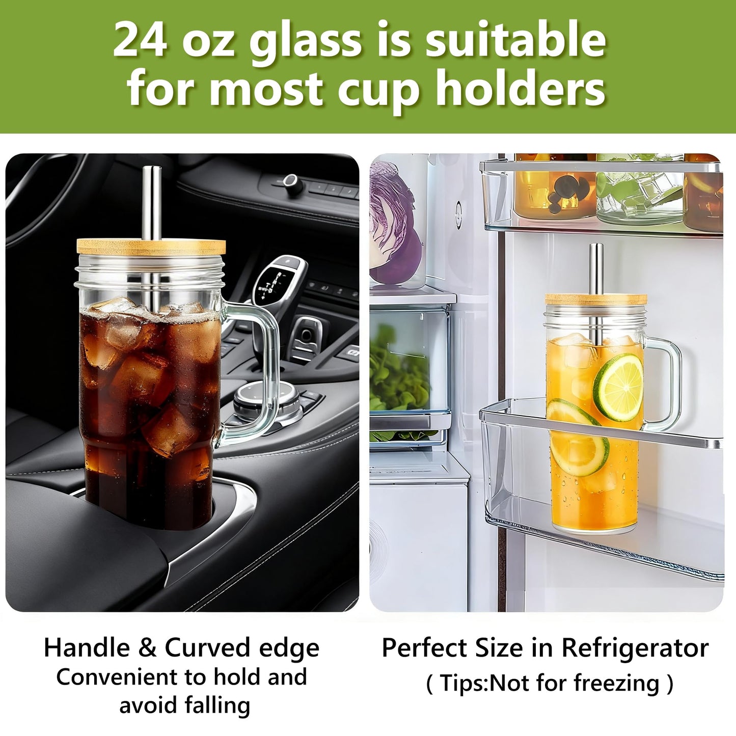 Birity Glass Cups with Lids and Straws,24oz Glass Tumbler With Handle,4 Pack Reusable Iced Coffee Cup with Lids-Mason Jar with Lid and Straw,Boba Cup for Cold & Hot Drinks,Smoothies Cup,Travel Mug