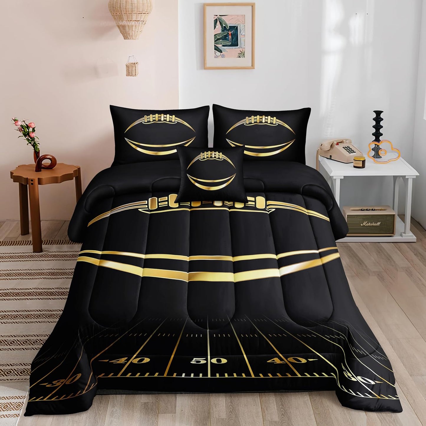 Football Comforter Sets,6 PCS Football Bedding Set,Kids Comforter Sets for Boys,Twin Black and Gold Bed Sets for Boys,Bed in A Bag with Sheets