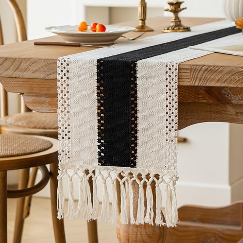 FEXIA Boho Table Runner for Home Decor with Tassels 90 Inches Long,Black Farmhouse Rustic Table Runner Macrame Burlap Table Decoration for Living Room Bridal Shower(12x90 Inches)