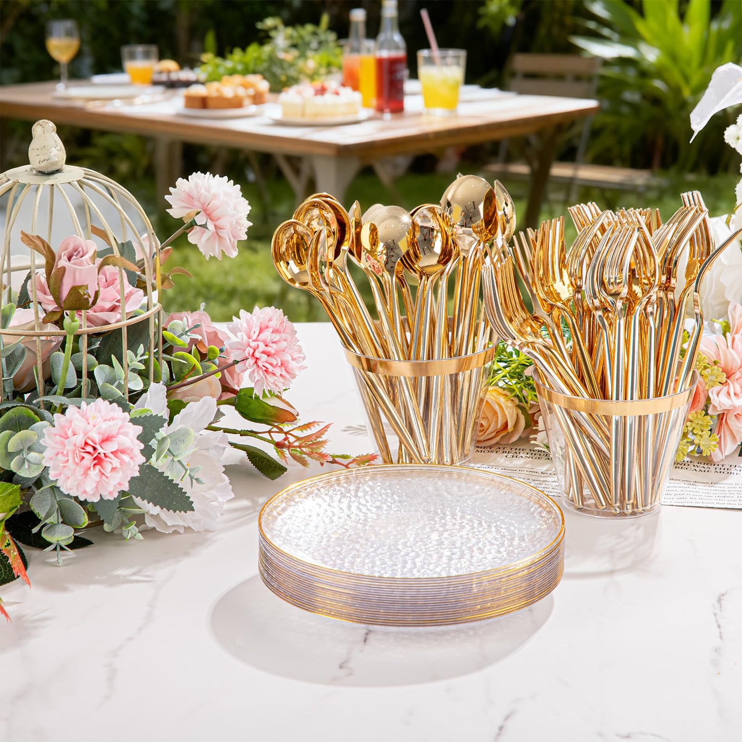 Rubtlamp 100 Pack Clear Gold Plastic Dessert Plates, 6Inch Clear Gold Small Appetizer Plates With Hammered, Heavy Duty Disposable Salad Plate, Elegant Cake Platos for Wedding, Birthday, Teatime