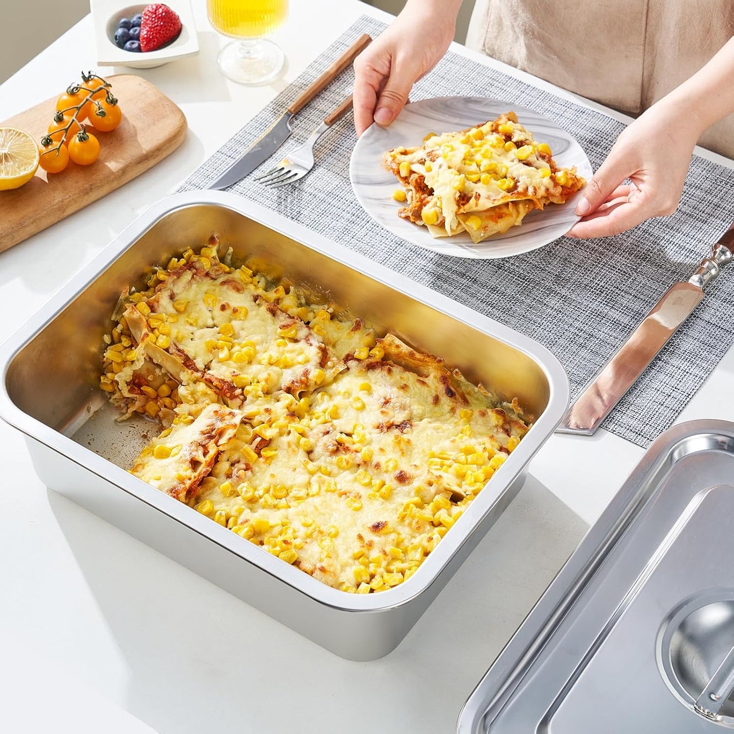 Skiennix 4-Piece Extra Deep Lasagna Baking Pan Set - 11x14 Inch Nonstick Stainless Steel with Lids