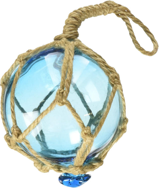 Light Blue Japanese Glass Fishing Float Ornament with Brown Netting - 3 Inch