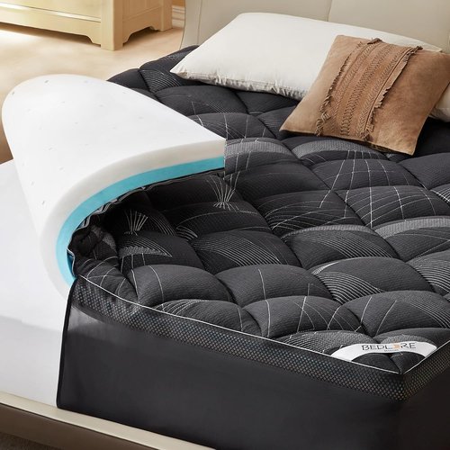 Bedlore Queen Mattress Topper - 4-Inch Dual Layer Gel Memory Foam & Cooling Pillow Top for Back Pain Relief | Breathable Gray