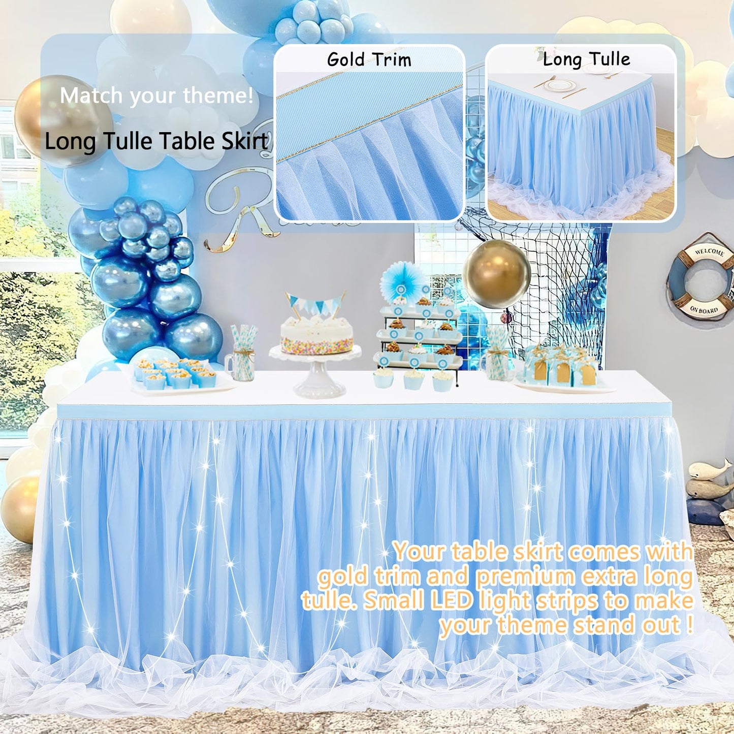 Baby Blue Tulle Table Skirts for Boy Birthday Party 14ft Baby Blue Tutu Table Cloths for Baby Shower Dessert Cake Table Decor