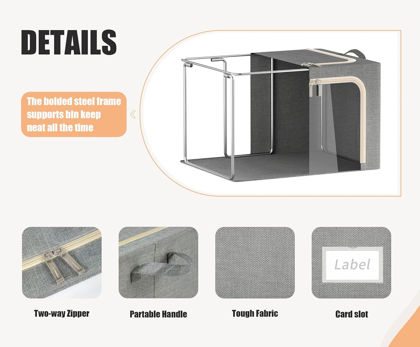 Skiennix Foldable Clothes Storage Bins - 3 Pack with Metal Frame, Clear Window & Durable Handles | Light Grey, 40L