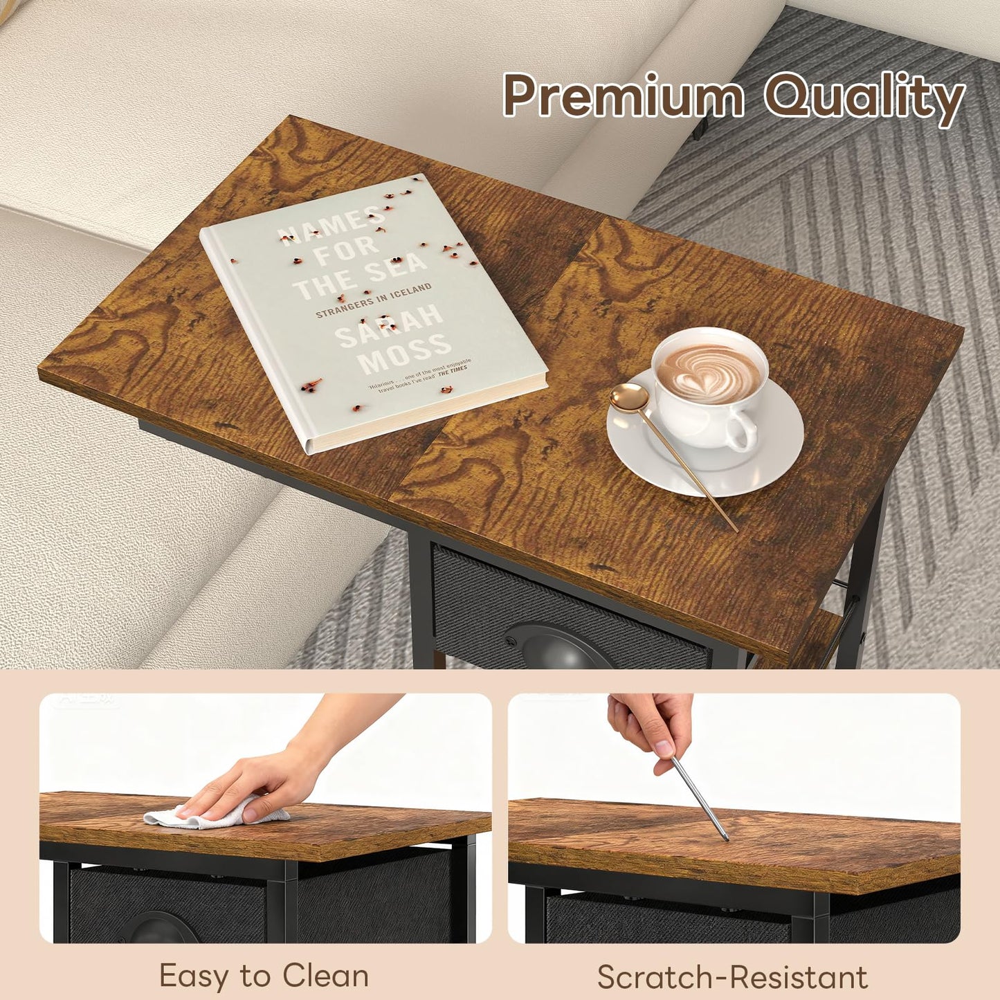 Vintage C Shaped End Table with Storage Basket, Tiltable & Large Tabletop Side Table with Drawer, Bedside Table with Wheels, Rolling C Table for Living Room, Bedroom, Bedside, Rustic Brown and Black