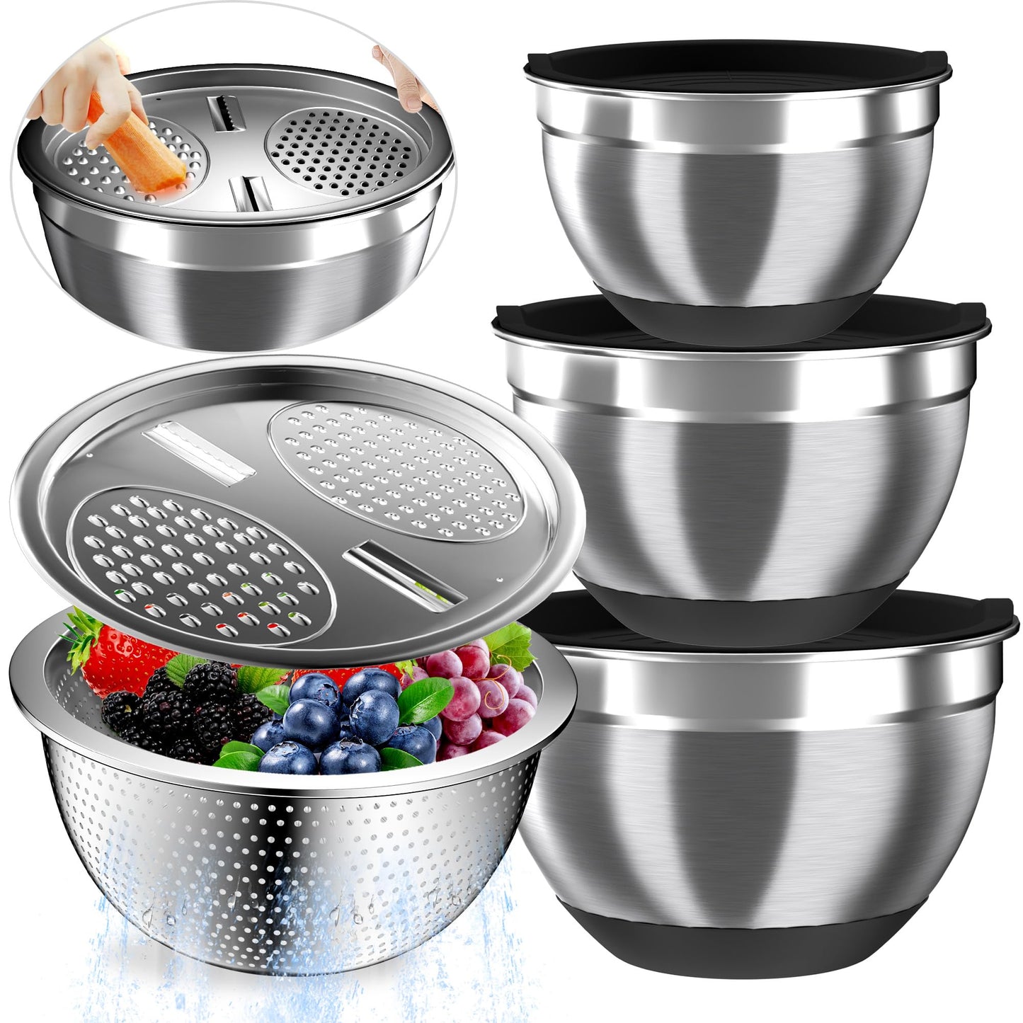 Nicdiet Mixing Bowls with Airtight Lids, Stainless Steel Mixing Bowl Set with 3 Metal Nesting Bowls, Colander & Grater, Non-Slip Bottoms, Size 1.5, 2.5, 5 QT, Great for Mixing & Serving, Black