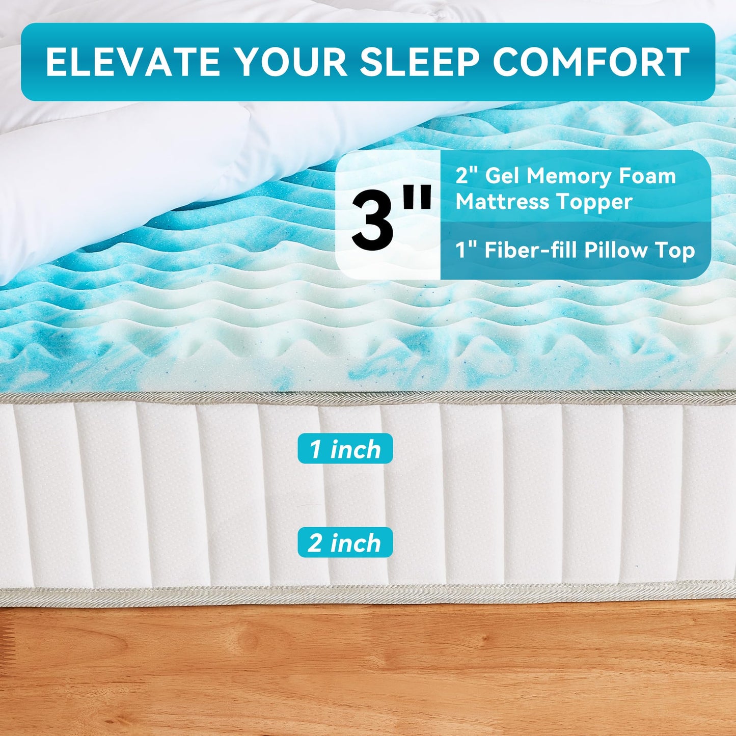 Erdoru Pillow Top 3 Inch Memory Foam Mattress Topper Full, 2 Inch Cooling 5-Zone Gel Memory Foam Plus 1 Inch Down Alternative Pillow Top Mattress Topper, Support for Back Pain