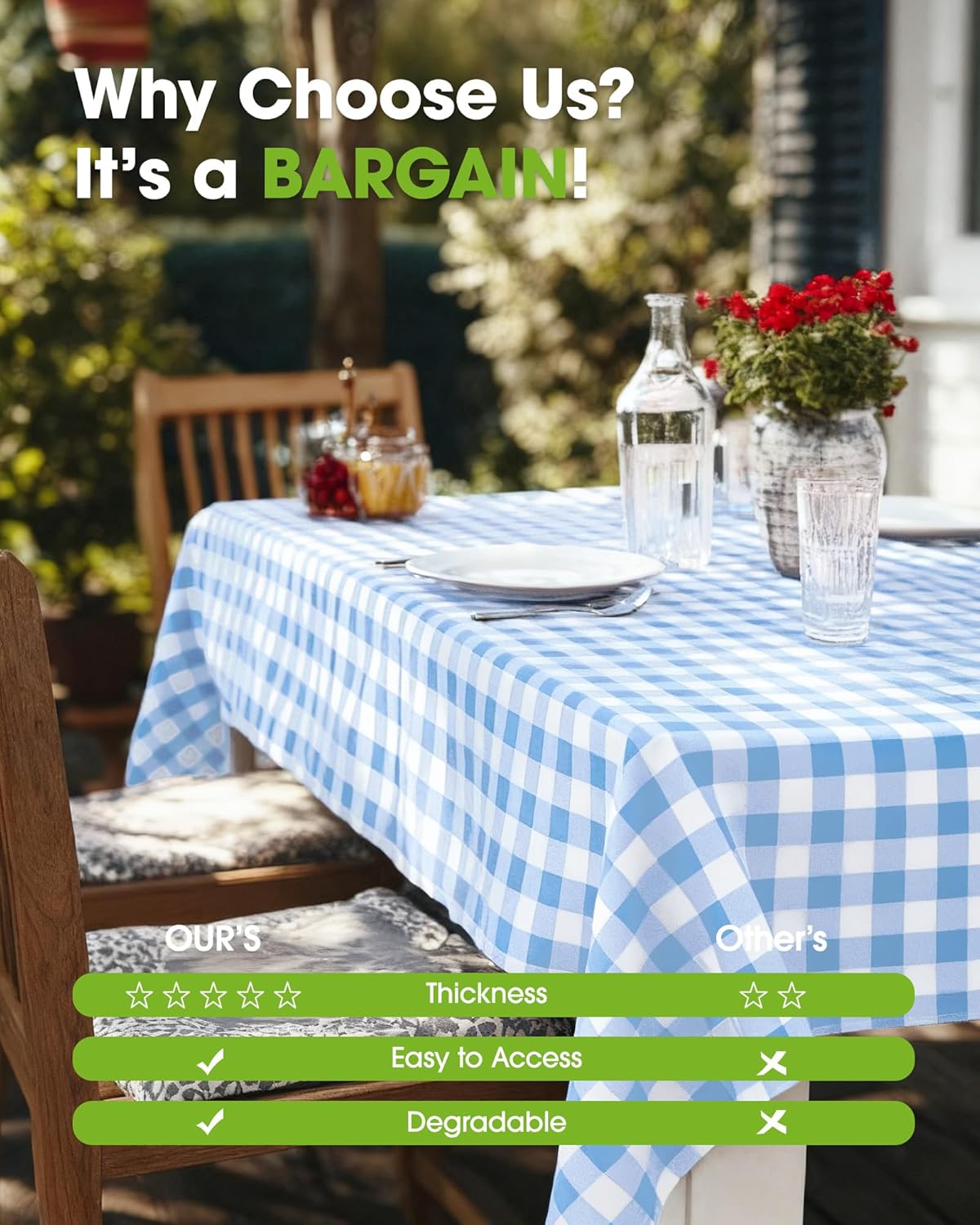 Pureegg Disposable Table Cloths - 10 Pack, 54 x 108 Inch, Leakproof Blue & White Gingham Design
