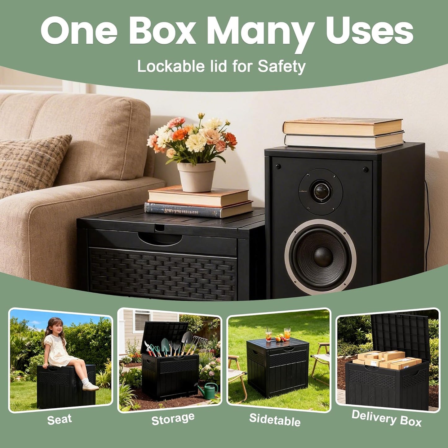 ZYJOYY 33 Gallon Waterproof Outdoor Storage Box - Lockable Resin Deck Box for Cushions & Garden Tools
