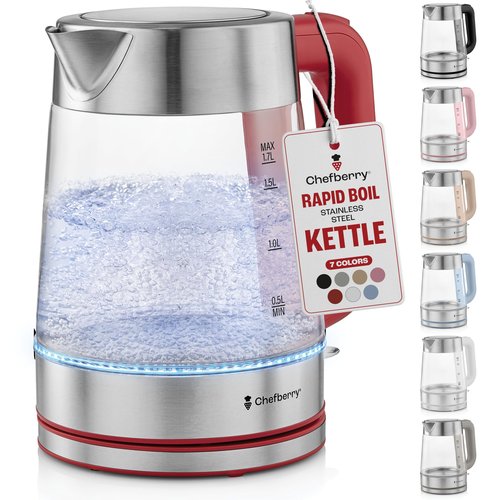 Electric Kettle for Boiling Hot Tea & Water | 1.7L Stainless Steel Borosilicate Glass Boiler With No Plastic, Automatic Shutoff, BPA Free, Fast Heating Technology (Red)