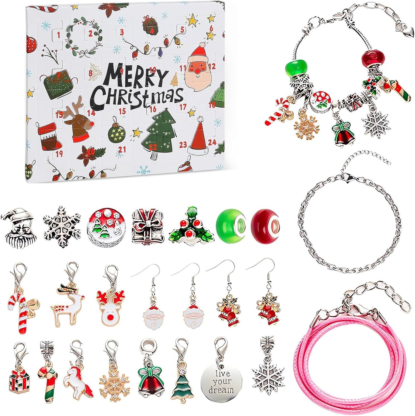 Skiennix Christmas Advent Calendar Bracelets 2024 - 24-Day Countdown with 22 Charms & 2 Bracelets for Girls & Teens