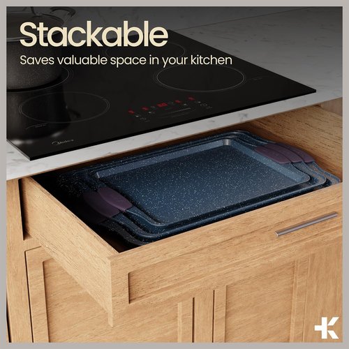 BAKKEN Nonstick Baking Pan Set - Carbon Steel Bakeware with Blue Silicone Handles | Oven Safe Up to 450°F, Set of 6