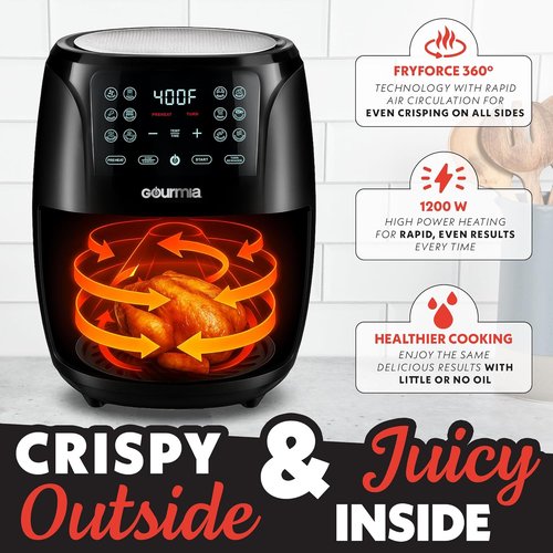 Gourmia Air Fryer - 6 Qt Large Capacity with FryForce 360º | Digital Display & 12 Cooking Presets, Black