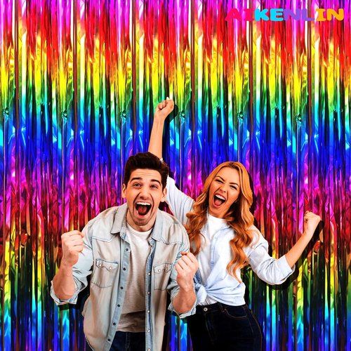 Colorful Foil Fringe Curtain Backdrop by [Brand Name] - 4 Pack Metallic Tinsel Streamers | 3.2Ft x 9.8Ft for Parties, Weddings & Events