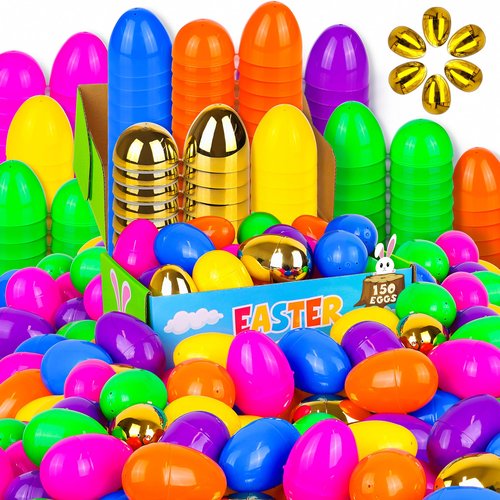 Grastfu 150 Pack 3 Inch Large Plastic Easter Eggs Bulk Include 6 Surprise Golden Eggs, Colorful Fillable Easter Egg Empty for Easter Hunt, Easter Basket Stuffers Fillers, Theme Party Favors Prize