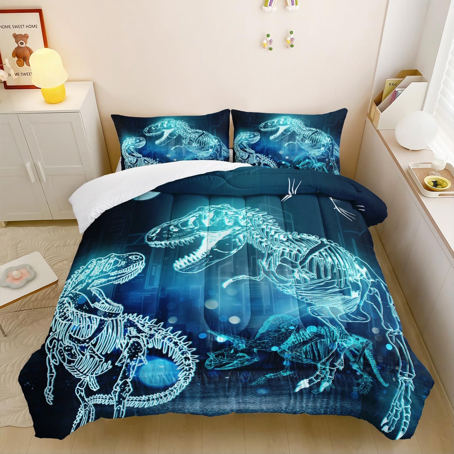 Dinosaur Comforter Set for Teens Boys Girls,Dino Eyes 3 Pieces Bedding Set Queen,Dark Blue Lightweight Down Alternative Bedding Sets for All Season