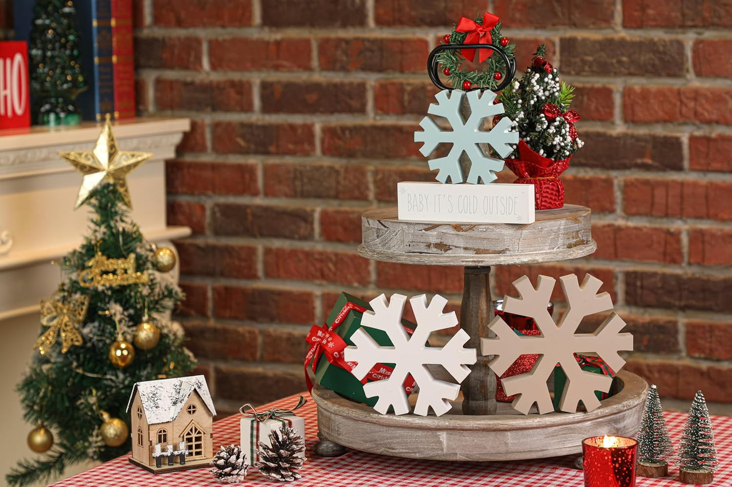 KORMMCO Winter Snowflake Fireplace Decorations - 4Pcs Farmhouse Christmas Decor | White, Brown, Blue