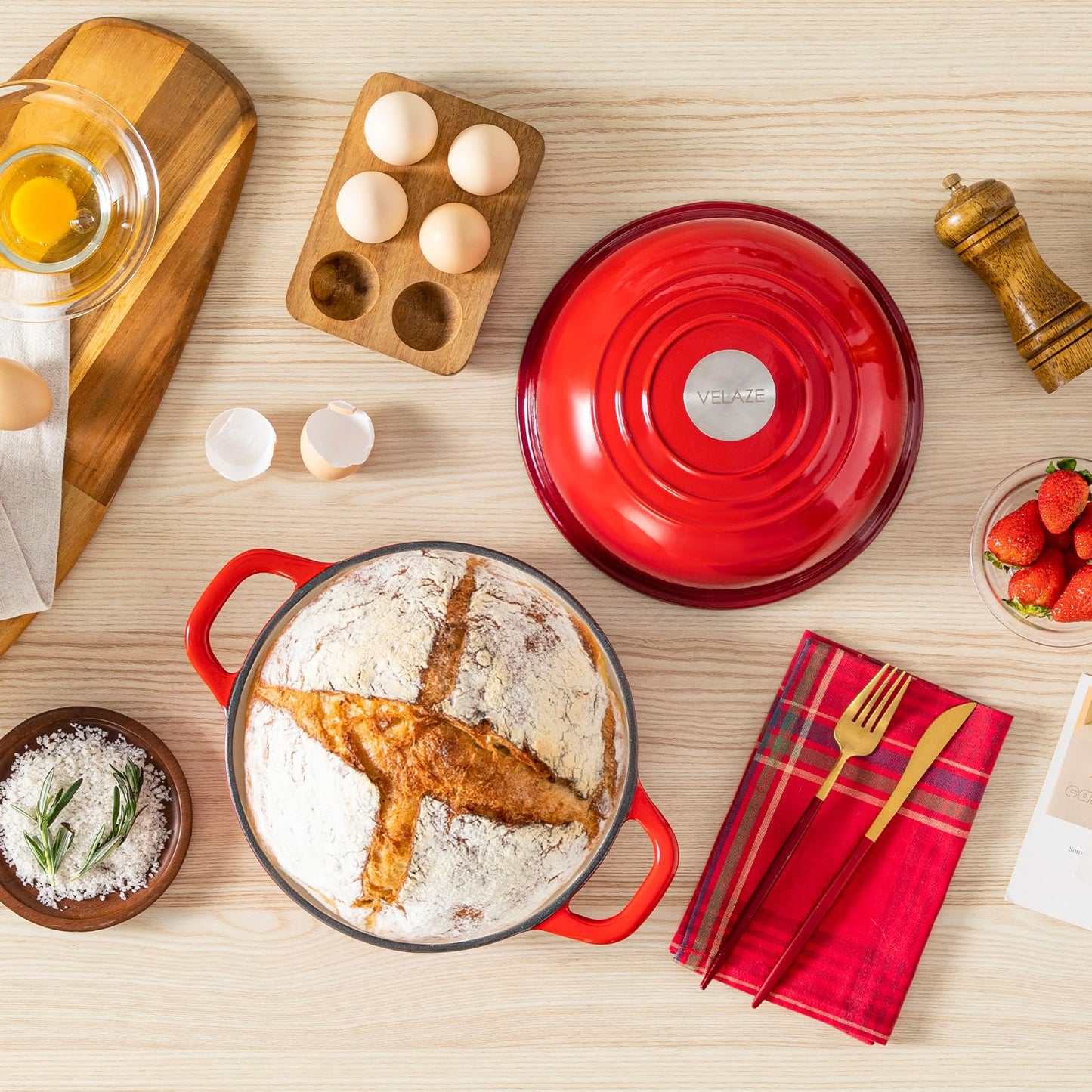 Velaze Enameled Cast Iron Dutch Oven for Bread Baking,5 QT Round Bread Oven Pot with Dome Lid for Sourdough, Roasting,Braising(Red)