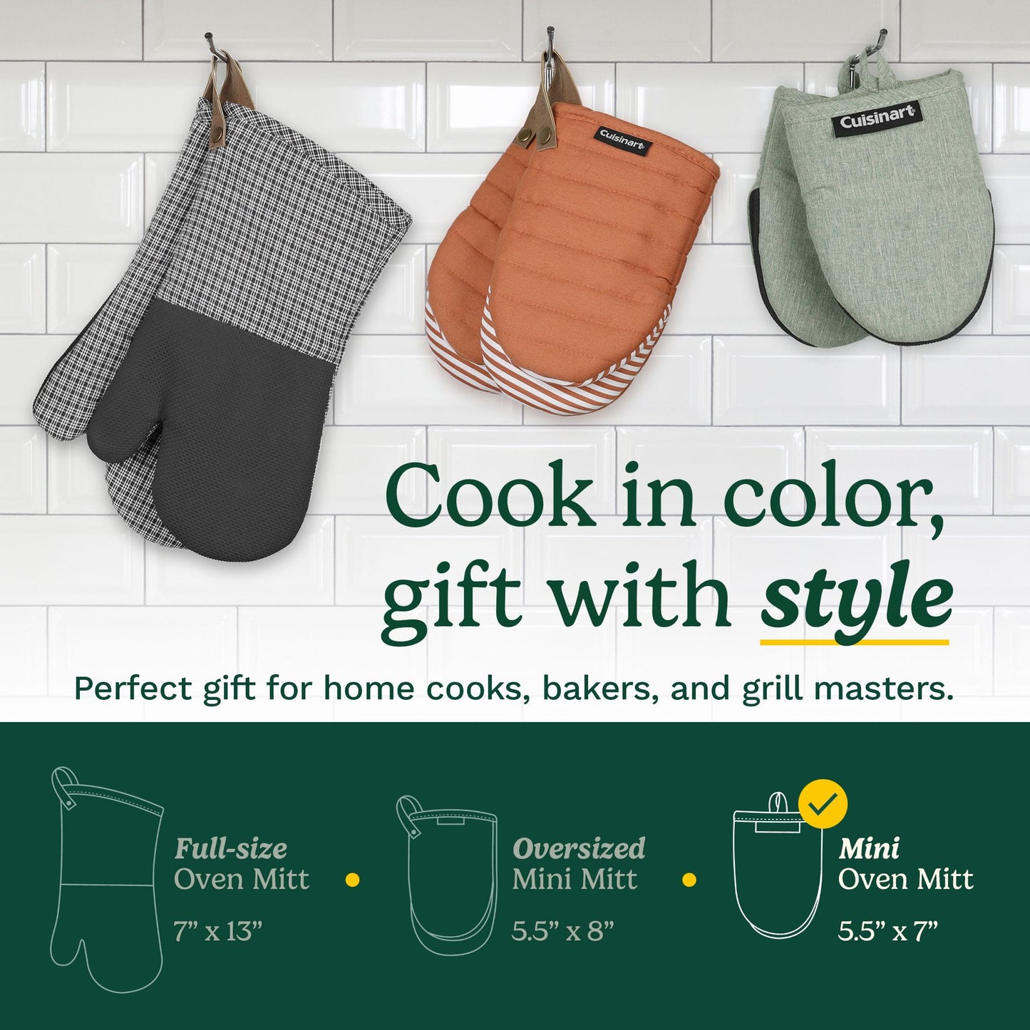 Cuisinart Mini Oven Mitts – 5.5” x 7” Heat-Resistant Kitchen Mitts for Oven with Non-Slip Neoprene Palm, Cotton Filling, and Fabric Loop – Durable Oven Mitt Set for Cooking & Baking (Chambray)