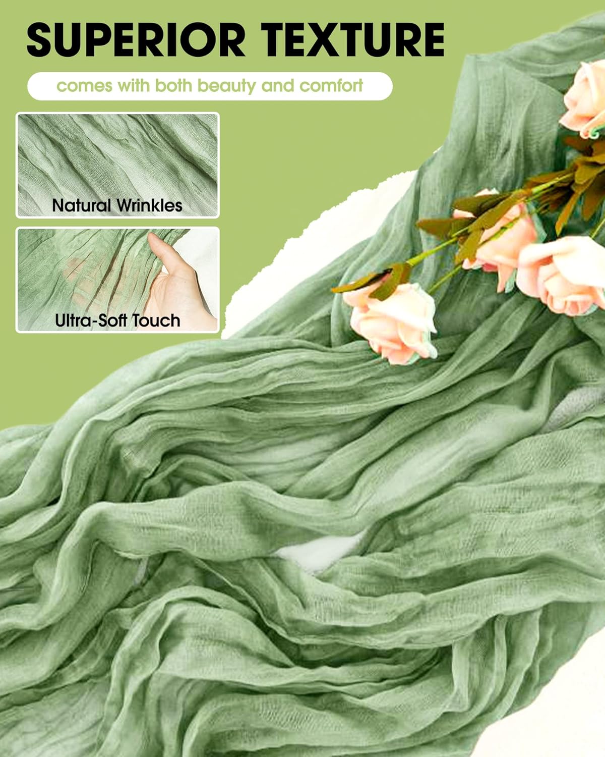 Pureegg Table Cloth Set - 10 Waterproof Disposable Tablecloths (54"x108") & 2 Decorative Cheesecloth Runners (35"x120") | Perfect for Parties, Picnics & Weddings in White & Sage