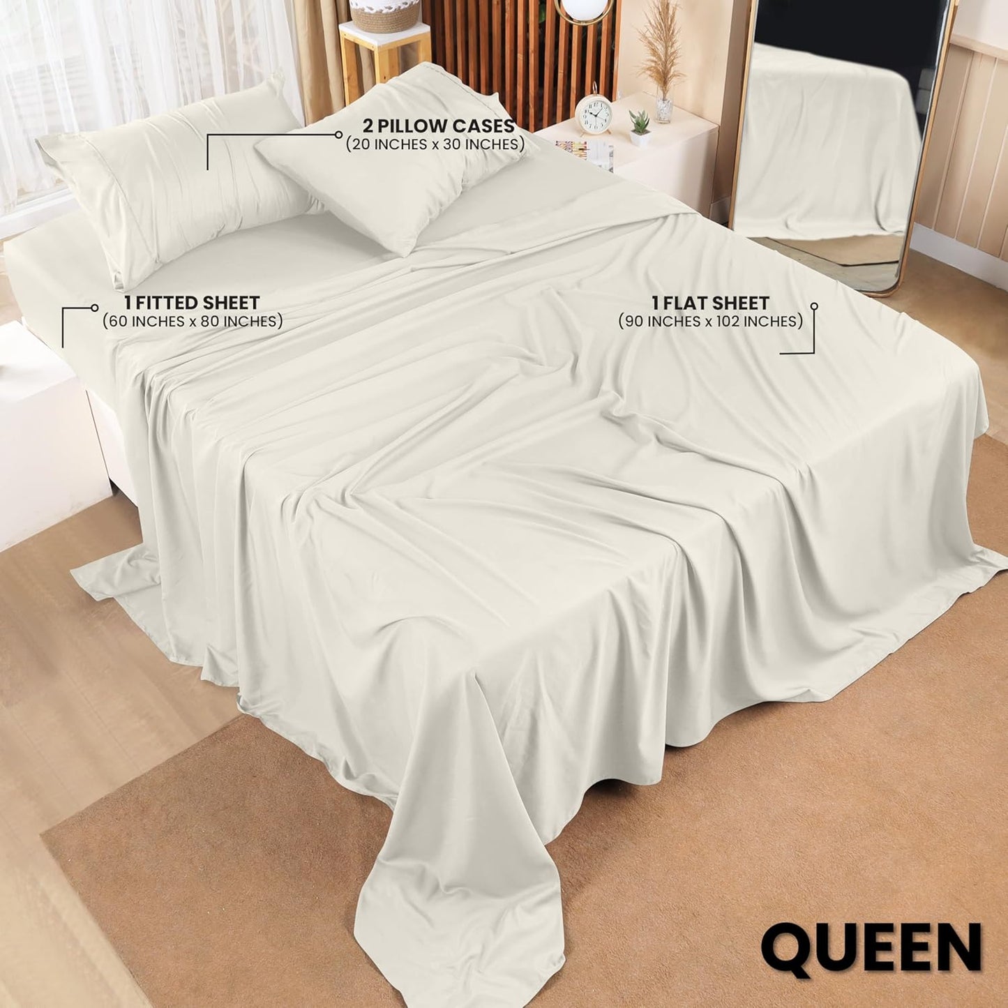 Utopia Bedding Queen Size Sheet Set - Soft, Breathable Microfiber - 4-Piece Ivory Set with Fitted Sheet, Flat Sheet & Pillowcases