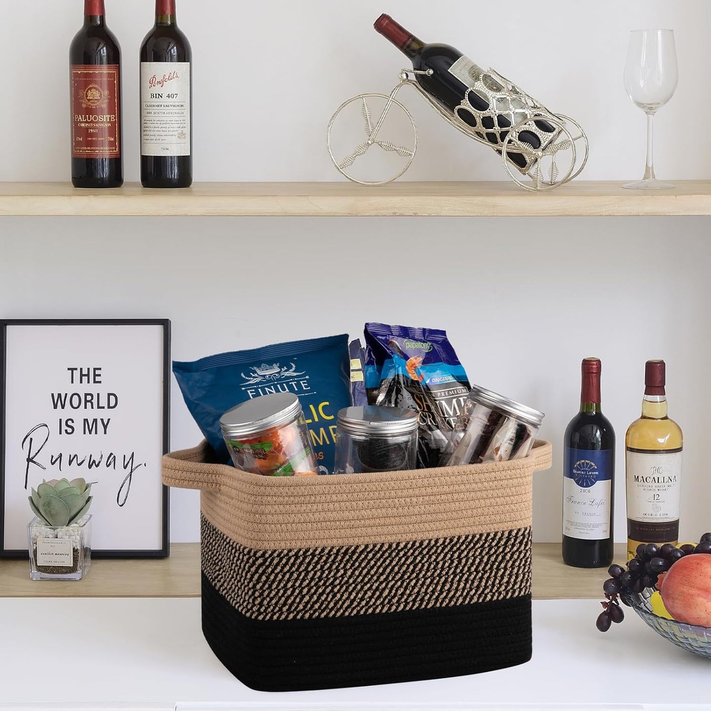 OIAHOMY Woven Storage Baskets - Stylish Cotton Rope Baskets for Toys & Towels | Pack of 3, Black & Brown