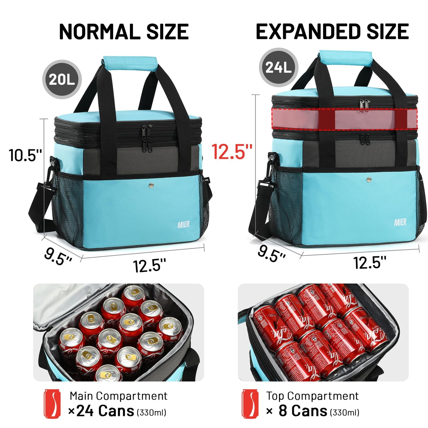MIER Expandable 24L Lunch Bag Double Layer Insulated Cooler Tote Soft Cooler Bags 30Can Mens Adults Lagre Leakproof Lunch Boxes for Work, Picnic, Camping, Travel, Light Blue