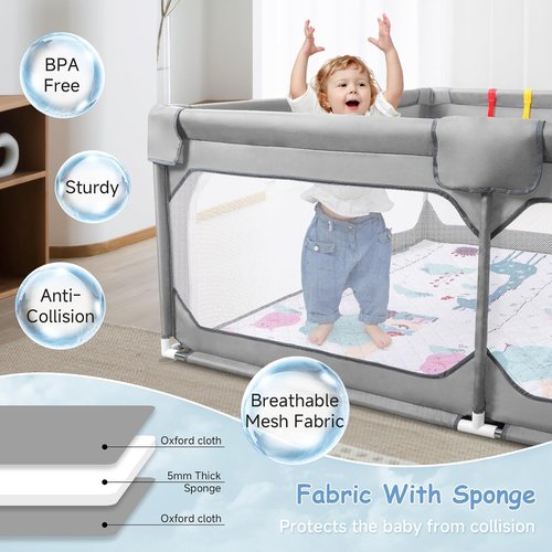 JINXIA Baby Playpen - Large Climb-Proof Safety Play Yard with Soft Mesh Mat | 75" x 59" - Grey