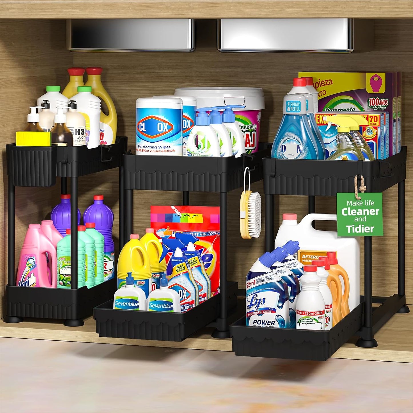 Sevenblue Under Sink Organizers - 2-Tier Kitchen & Bathroom Storage with Sliding Drawers | Black, 12.8 Inch