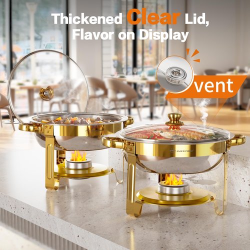 IMXSUMDA Chafing Dish Buffet Set 4 Pack, 5QT Gold Round Chafing Dishes for Buffet, High Grade Chafers and Buffet Warmers Sets with Glass Lid, Rolled-Edge Food Warmers for Parties, Weddings, Catering